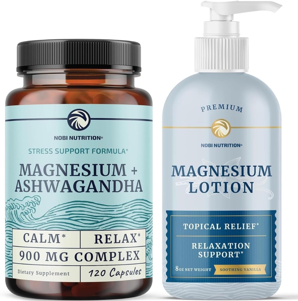 Nobi Nutrition Magnesium Lotion and Magnesium Ashwagandha Supplement | Full Body Magnesium Support for Body and Mind with 8 Fl Oz Topical Magnesium Plus 2 Month Supply Magnesium Complex Pills