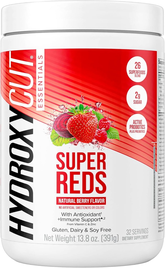 Hidroxycut Essentials Super Reds | Superfood Toz | Vitamin C & Çinko Immune Support | Probiyotiks | 26 Superfood Mix | Soy, Gluten ve Süt Free (32 Hizmet)