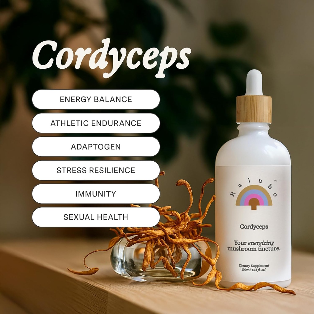 Rainbo - Cordyceps Mushroom Tincture - Αλκοόλ Δωρεάν - Διπλό εκχύλισμα Mushroom Συμπλήρωμα - Ανοσολογική Υποστήριξη, Ενέργεια, Υγρό Cordyceps Συμπλήρωμα, Vegan, Μη ΓΤΟ, 3.4 fl oz