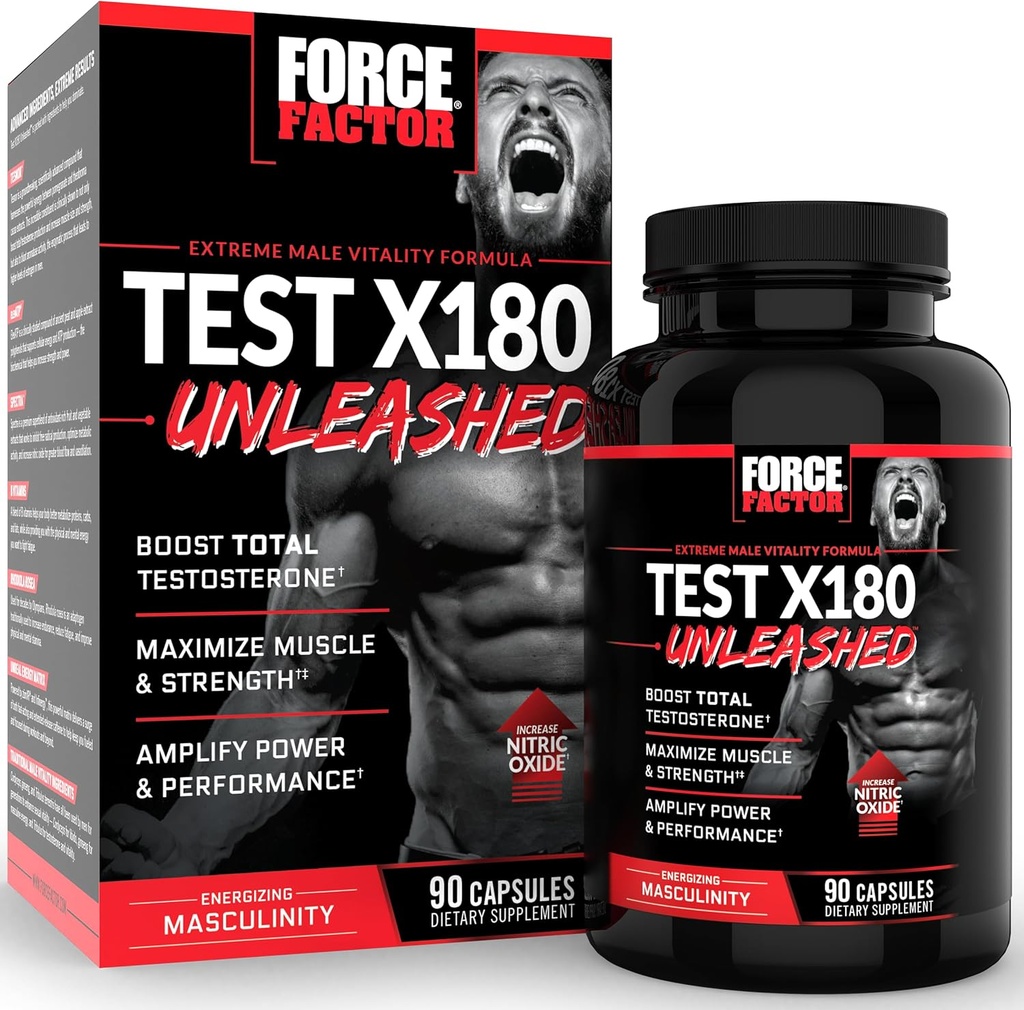 FORCE FACTOR Test X180 Erkekler için Kas oluşturmak, Güçlüliği artırmak ve Performansı Geliştirmek, Erkeklerin Sağlığı için 90 Capsules