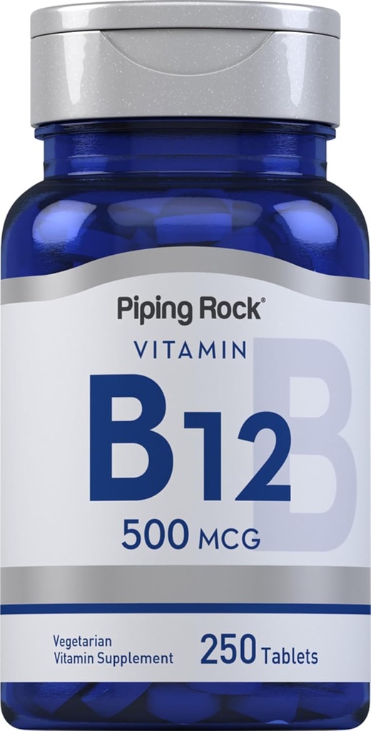 Piping Rock Vitamin B12 | 500 mcg | 250 Tablet | Kadınlar ve Erkekler için Tamam | Cyanocobalamin | Vegetarian, Non-GMO, Gluten Free