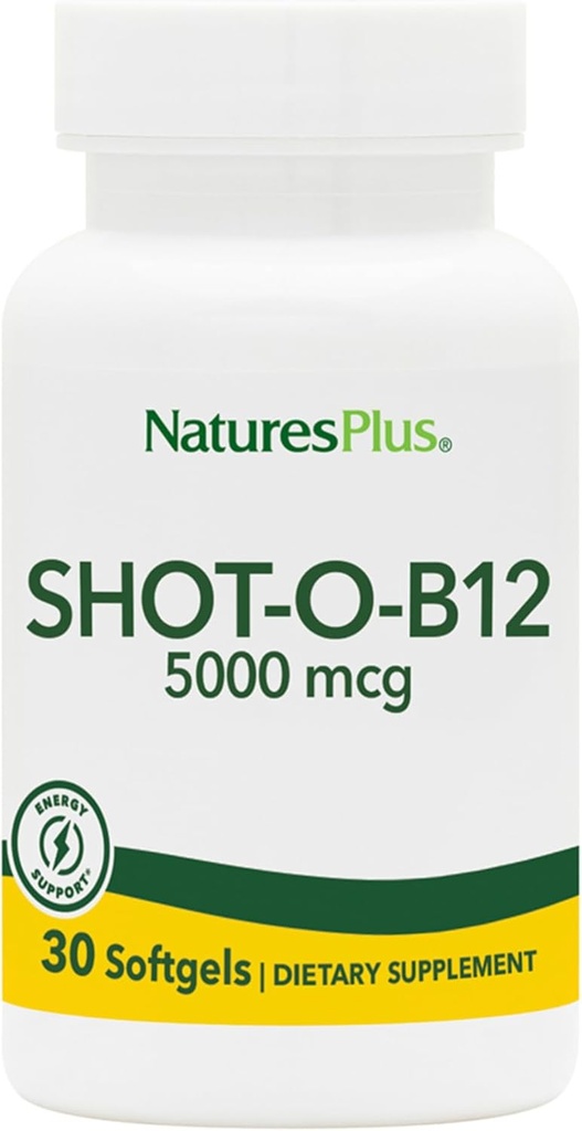 Natures Plus Shot-O-B12 (Cyanocobalamin) - 5000 mcg, 30 Softgels - Υψηλή ισχύς, γρήγορη δράση συμπλήρωμα B12 - Μνήμη & Ενεργειακός ενισχυτής - Χωρίς γλουτένη - 30 εξυπηρετήσεις