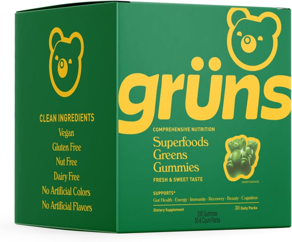 Gruns Super Greens Gummy Bears - Organik Spirulina ve Chlorella, Digestive Health için Prebiyotikler, 20+ Vitaminler ve Mineraller - 30 sachets - 240 Gummies