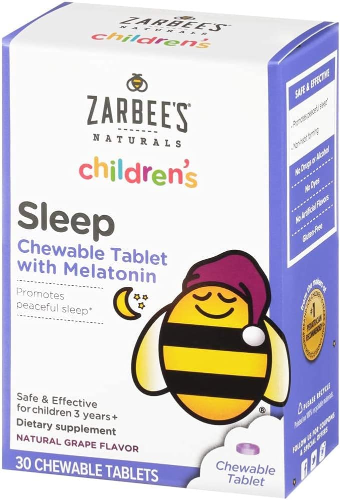 Zarbee's Kids 1mg Melatonin Chewable Tablet, Drug-Free & Effective Sleep Supplement, Easy to Take Natural Grape Flavor Tablets for Children Ages 3 and Up, 30 Count