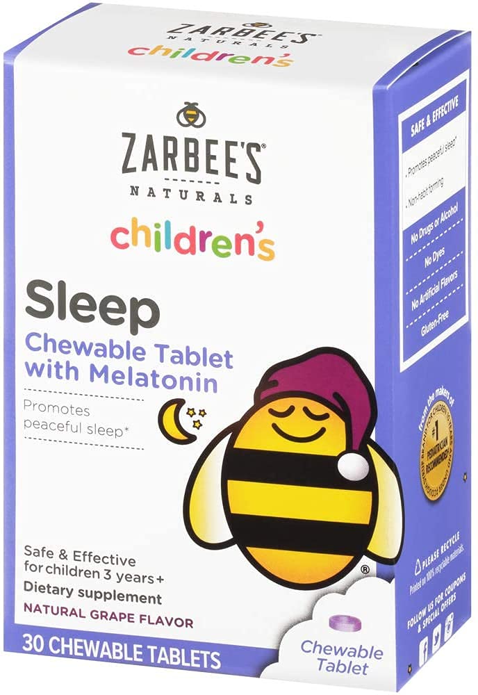Zarbee's Kids 1mg Melatonin Chewable Tablet, Drug-Free & effective Sleep Supplement, Easy to Take Natural Grape Flavor Tablets for Children Ages 3 and Up, 30 Count