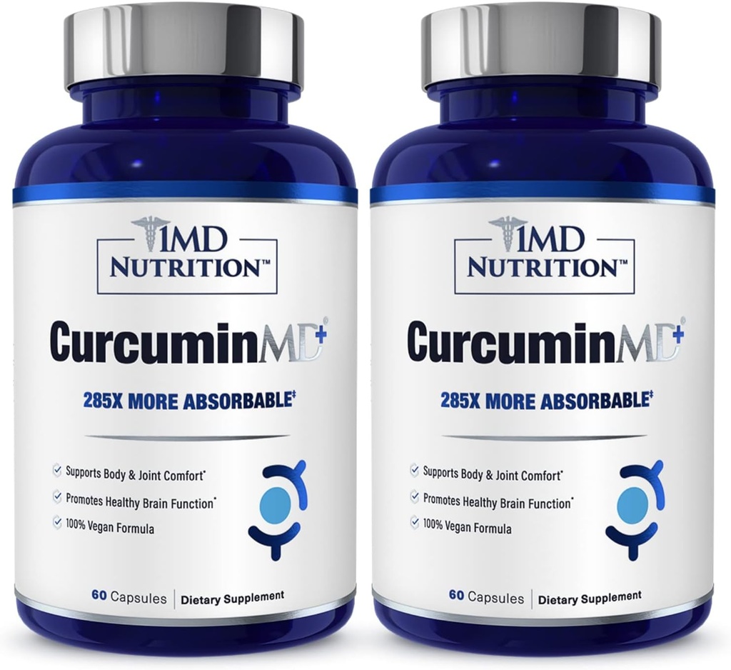 1MD Beslenme CurcuminMD Plus - Turmeric Curcumin with Boswellia Serrata - 285x More Absorbable | Ortak Stiffness, Muscle Recovery, and Mood Support | 120 Capsules (2-Pack)