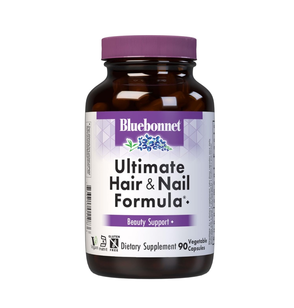 BlueBonnet Nutrition Ultimate Hair and Nail Formula, Βιταμίνες, Ορυκτά, Ειδικά θρεπτικά συστατικά για την ομορφιά Μέσα, χωρίς γλουτένη, Kosher-Certified, Γαλακτοκομικά-Free, Vegan, 90 κάψουλες λαχανικών, 30 Σερβιέτες, Λευκό