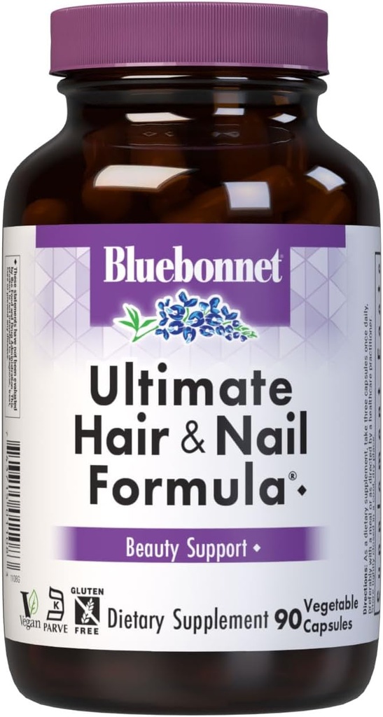 BlueBonnet Nutrition Ultimate Hair and Nail Formula, Vitamins, Minerals, Specialty Nutrients for Beauty Within, Gluten-Free, Kosher-Certified, Dairy-Free, Vegan, 90 Vegetable Capsules, 30 Servings, White