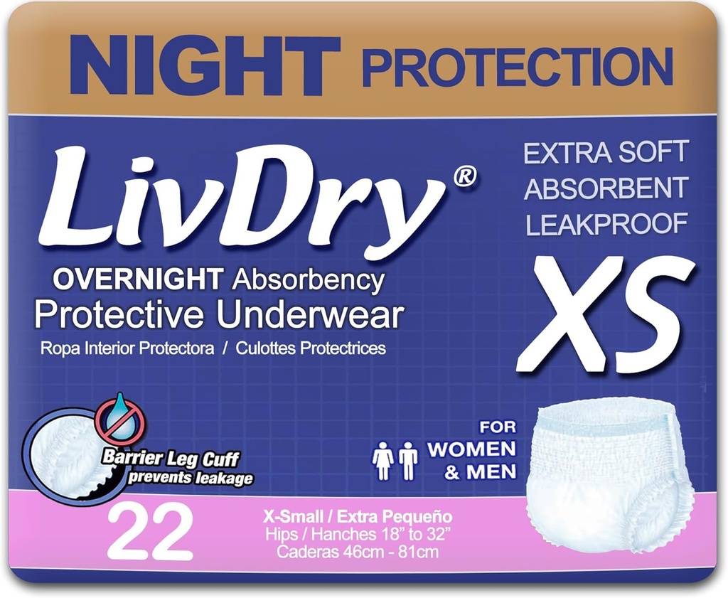 LivDry Adult XS Incontinence Underwear, Overnight Comfort Absorbency, Leak Protection, X-Küçük, 22-Pack