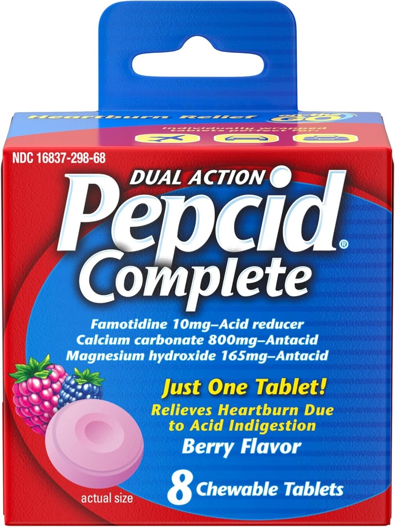 Pepcid Complete Acid Editor + Asit Reflux için Antacid, 10 mg Famotidine, 800 mgelli Carbonate & 165 mg Magnezyum Hydroxide per Heartburn Medicine Tablet, Antacid Chews, Berry, 8 ct