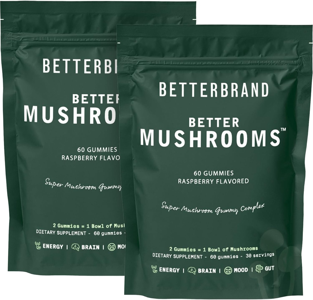 Betterbrand BetterMushrooms Nootropic Gummies - Better Gut Health, Cognitive Function, mental Clarity with 10 Fonksiyonel Mushrooms - 60 Gummies - Raspberry Flavor - 2 Paket