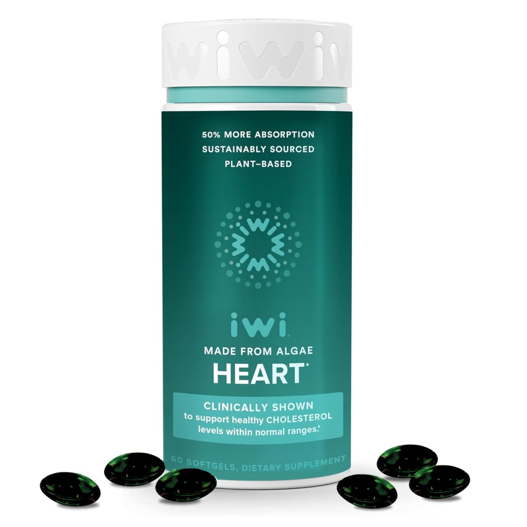 Iwi Life Heart Omega-3, 60 Softgels (30 hizmet), Vegan Plant-Based Algae Omega Fatty Acids + EPA, Kalp Sağlığı Desteği Diyet Tamam, Krill & Fish Oil Alternative, No Fishy Aftertaste