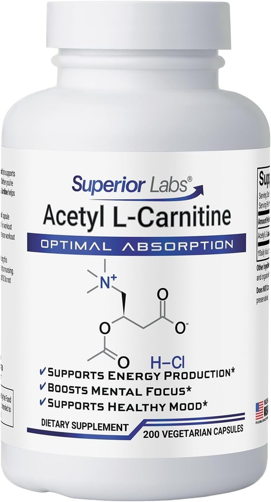 Superior Labs Acetyl L-Carnitine 500 mg, Υψηλής ισχύος ALCAR, Αμιγώς Μη-ΓΤΟ, Μη Μηδενικά Συνθετικά Πρόσθετα, Μέγιστη Απορρόφηση, Ενέργεια & Λιπαρά Μεταβολισμός, Εγκέφαλος, Νευρικό & Κυτταρικό Αποτοξίνωση Υποστήριξη, (200 Veg Caps)