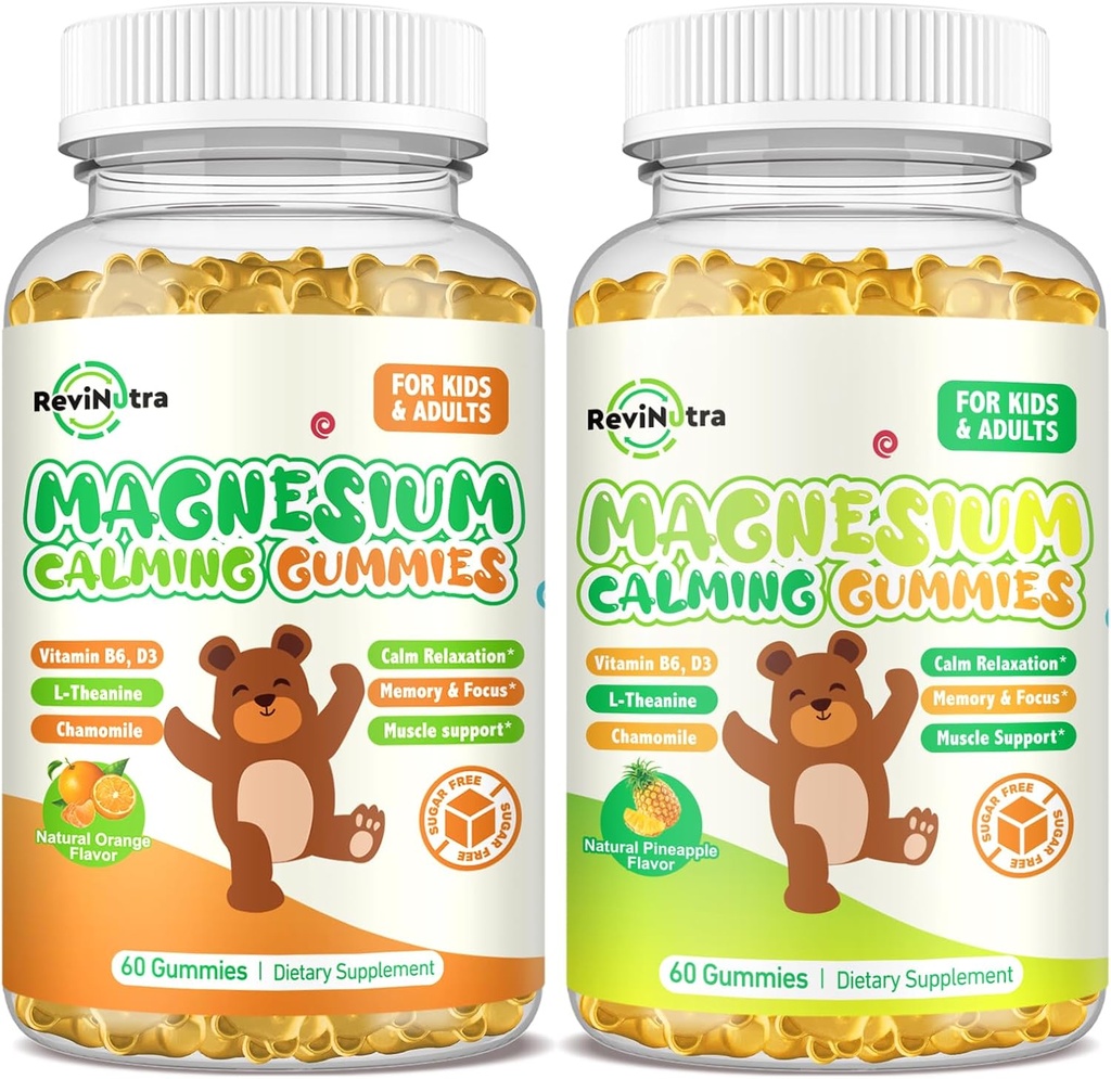 Çocuklar için Magnezyum Gummies - Magnezyum Glycinate Supplement with L-Theanine, Vitamin B6, D3 for Yetişkinler & Çocuklar, Calm Magnezyum for Sleep, Relaxation, Brain, Bones, Orange & Pineapple