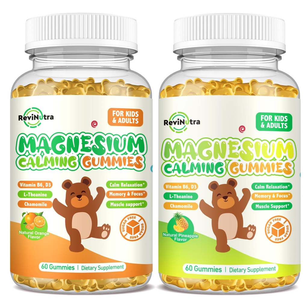 Magnesium Gummies for Kids - Magnesium Glycinate Supplement with L-Theanine, Vitamin B6, D3 for Adults & Kids, Calm Magnesium for Sleep, Relaxation, Brain, Bones, Orange & Pineapple