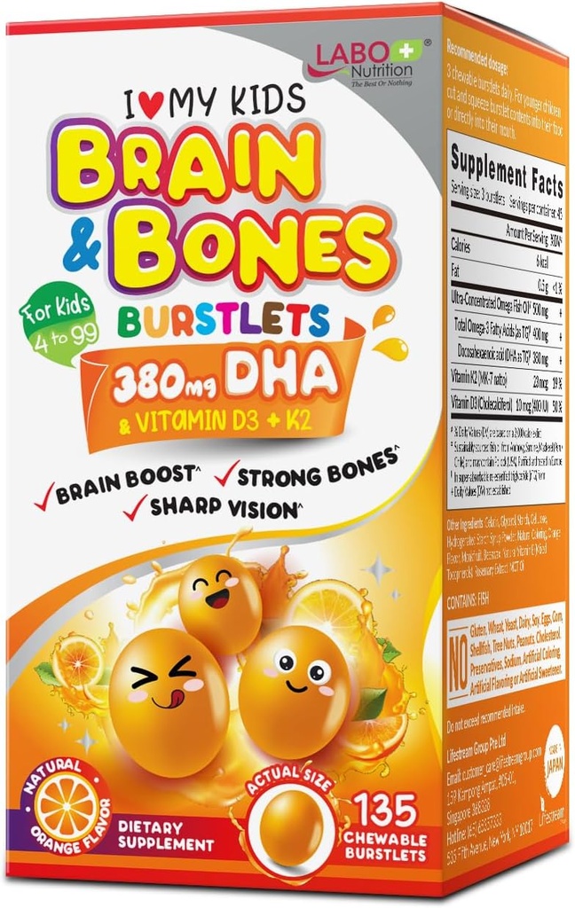 LABO Beslenme I My Kids Brain & Bones Chewable Burstlet, Gluten Free, for Stronger Bones & Davranış Yönetimi,% 76 UltraConcented rTG Form Omega 3 DHA Fish Oil, Vitamin D3 & K2, Orange