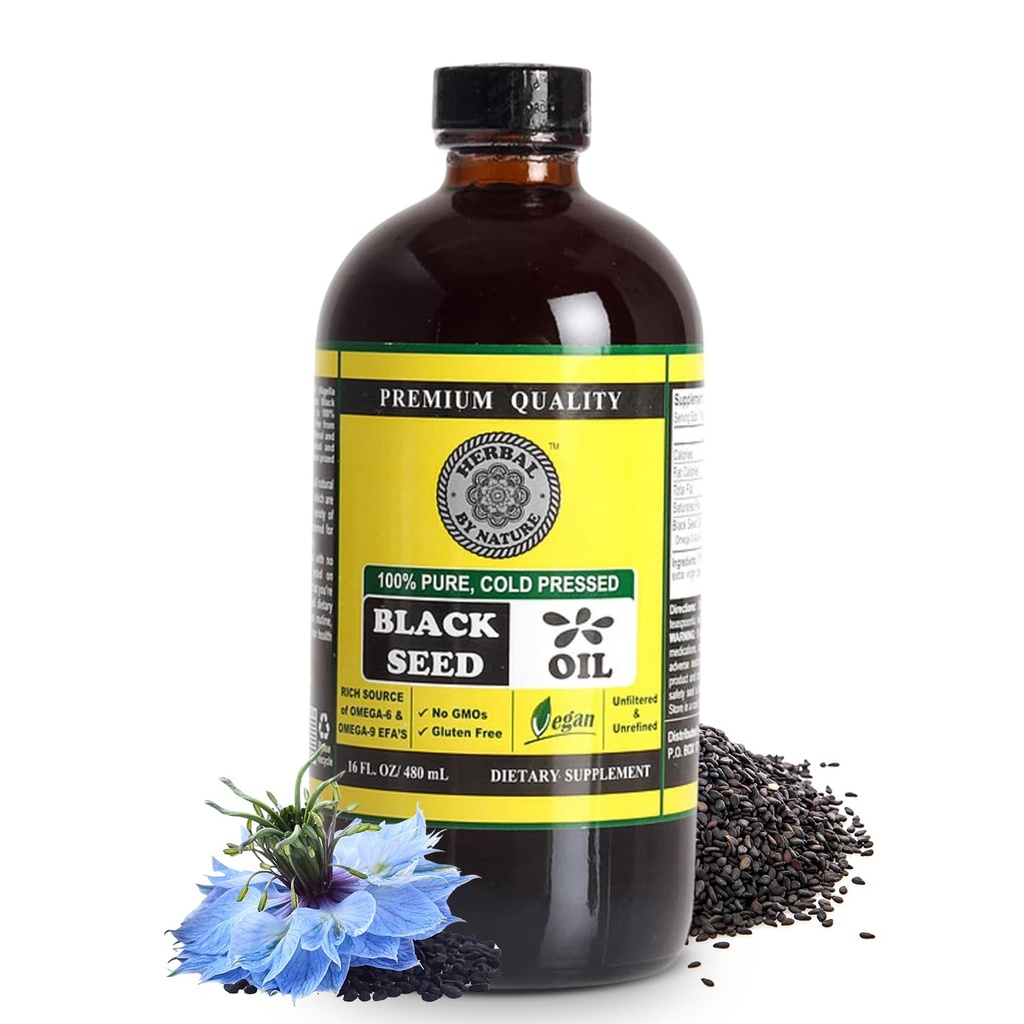 Pure Black Seed Oil - 100% Pure Nigella Sativa - Cold Pressed - Vegan - GMO - 16 oz - Cam Şişede - Herbal Tarafından Nature