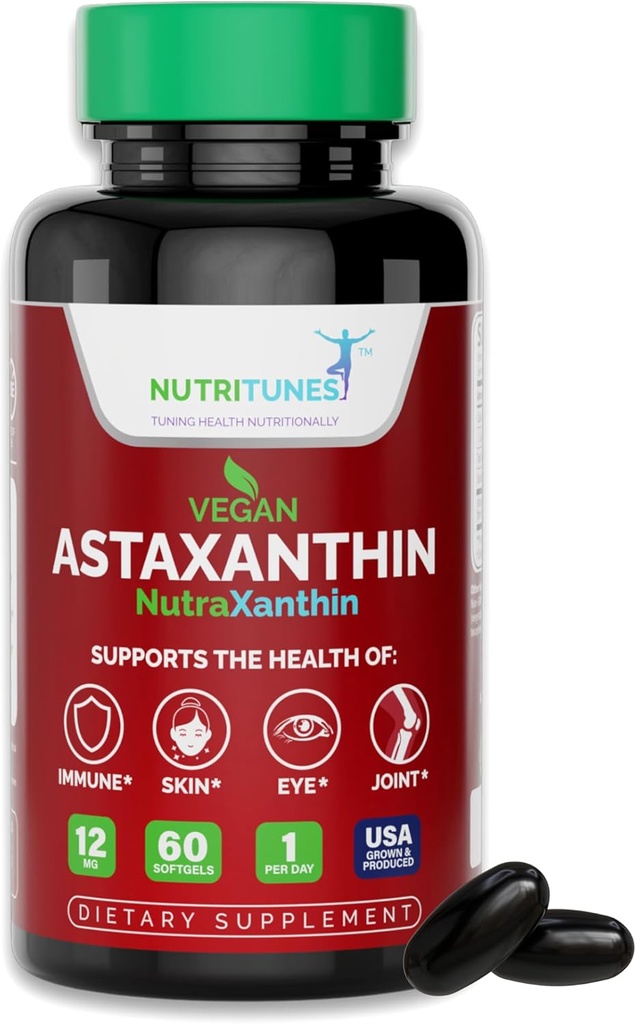 Astaxanthin 12 mg Vegan Softgels – Cilt, Göz ve Immune Desteği için Yüksek Potency Antioksi – Non-GMO, Free of Gluten, Soy, Lactose & BSE, 60 Vegan Softgels, 2Month Supply