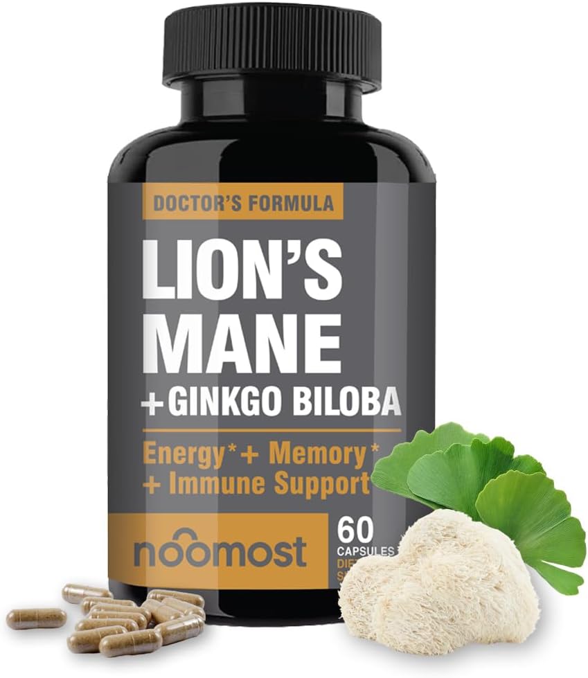 Noo Most Lions Mane Supplement Organic Capsules - Ginkgo Biloba - Bil Health, Focus & Memory Support - Natural Superfood for Brain, Energy & Immune Health - 60 Capsules - 2 Ay Supply