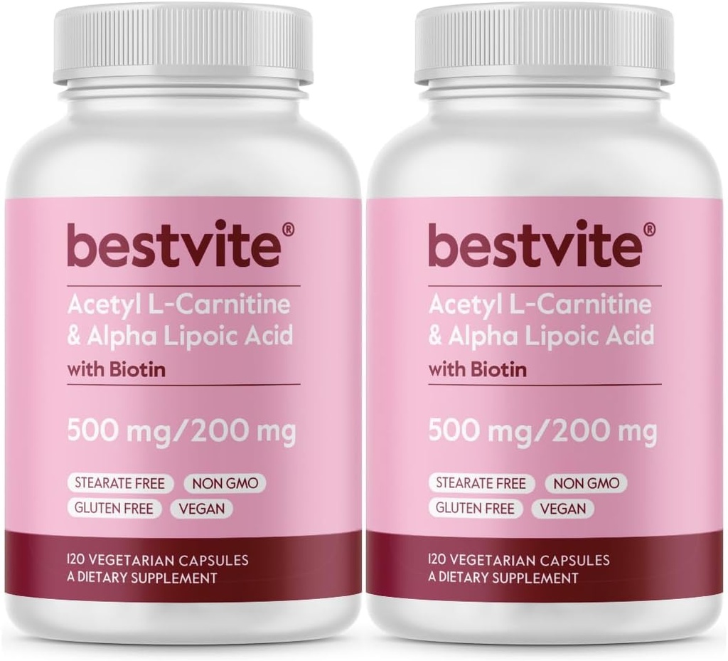 BESTVITE Acetyl L-Carnitine 500 mg & Alfa Lipoic Acid 200 mg per Capsule with Biotin (240 Vegetarian Capsules) (120 x 2) - No Stearates - Vegan - GMO - Gluten Free