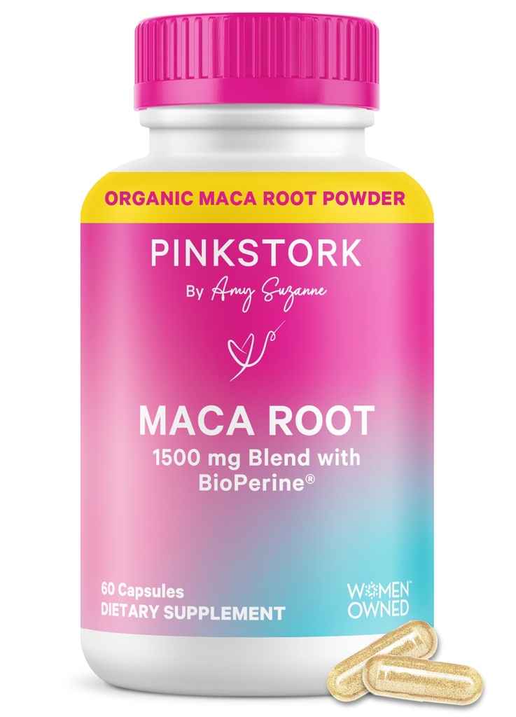 Pink Stork Maca Root Κάψουλες για γυναίκες – Organic Maca με BioPerine® για Ορμονική Ισορροπία, Ενέργεια + Ευεξία – Υποστηρίζει Περιεμμηνόπαυση, Εμμηνορρυσιακή Υγεία και Ζωτικότητα