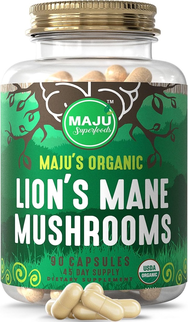 Maju Superfoods Organik Lions Mane Mushroom Capsules 90ct, Fruiting Bodies Steam Extract, Organik Mushrooms with Black Pepper Extract, Hericium Erinaceus