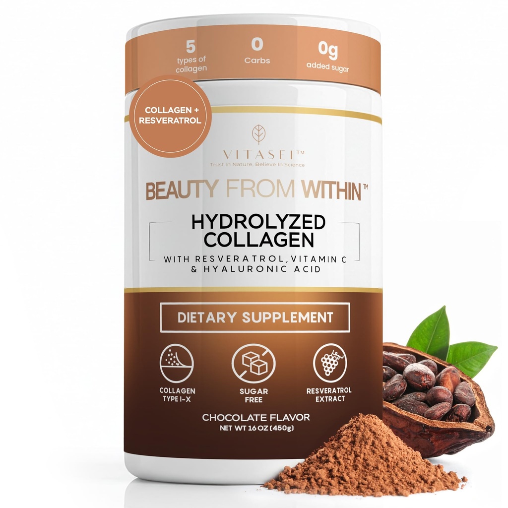 Hydrolyzed Collagen Hydro Toz C & Resveratrol - Kadınlar ve Erkekler için Saçlar - Bone ve Ortak Çikolata - Flavored - 16 ozzz