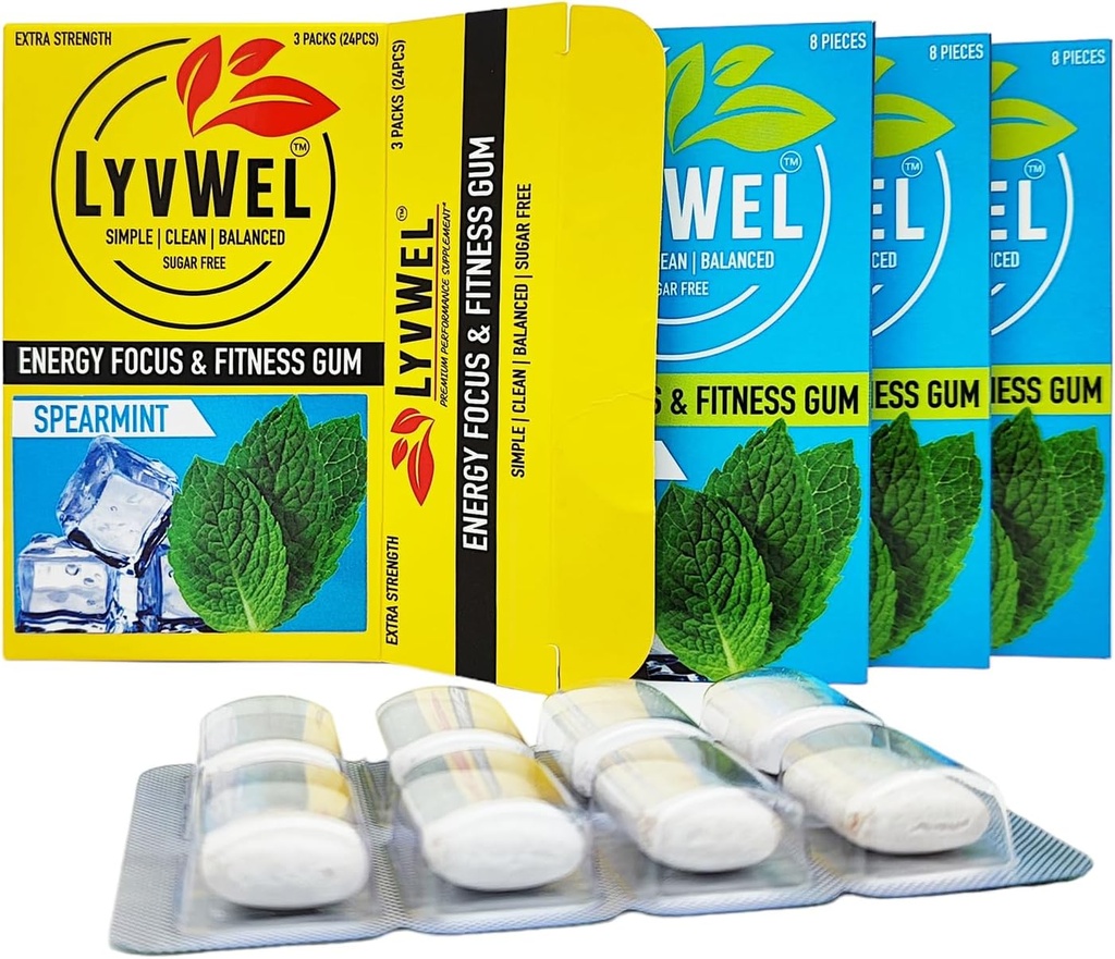 LyvWel Energy Gum | 80mg Caffeine + 50 mg Taurine per gem | All Natural | Sugar-Free Pre-Workout Boost: Your Essential Energy Supplement to Stay Awake (Spearmint, 3 Pack)