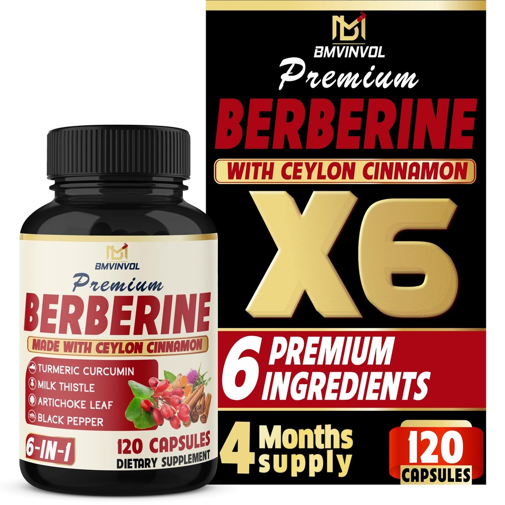BMVINVOL 6in1 Berberine Supplement with Ceylon Cinnamon, Tumeric Root, Milk Thistle, Artichoke, Black Pepper -120 Κάψουλες για 4 μήνες προσφοράς