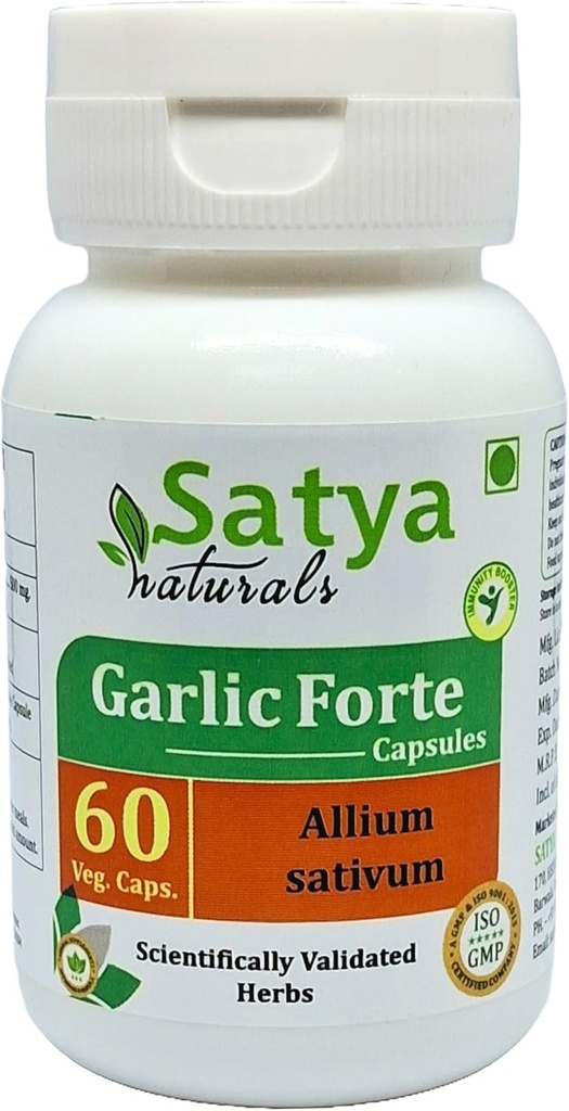 Garlic Forte Capsule 500 mg. 60 Veg. Capsule | Lahsan (Allium Sativum) Extract Capsules for Men and Women | Ayurvedic Herbal Supplement/Remedies | 10:1 Forte (1 Bottle of 60 Capsules)