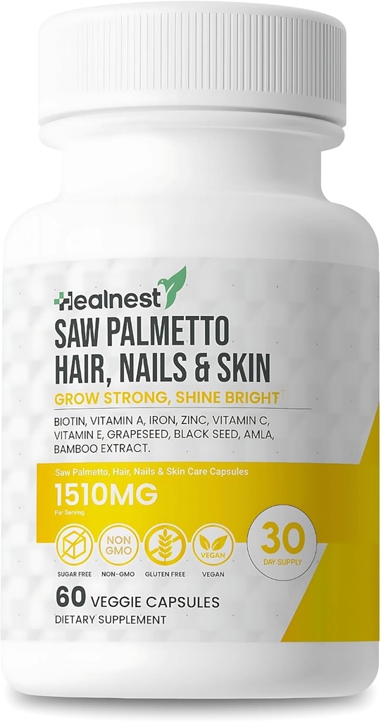 Περιποίηση μαλλιών, νυχιών και δέρματος with Saw Palmetto, Biotin, Amla - 60 Μη ΓΤΟ, Χωρίς γλουτένη, κάψουλες λαχανικών για άνδρες και γυναίκες
