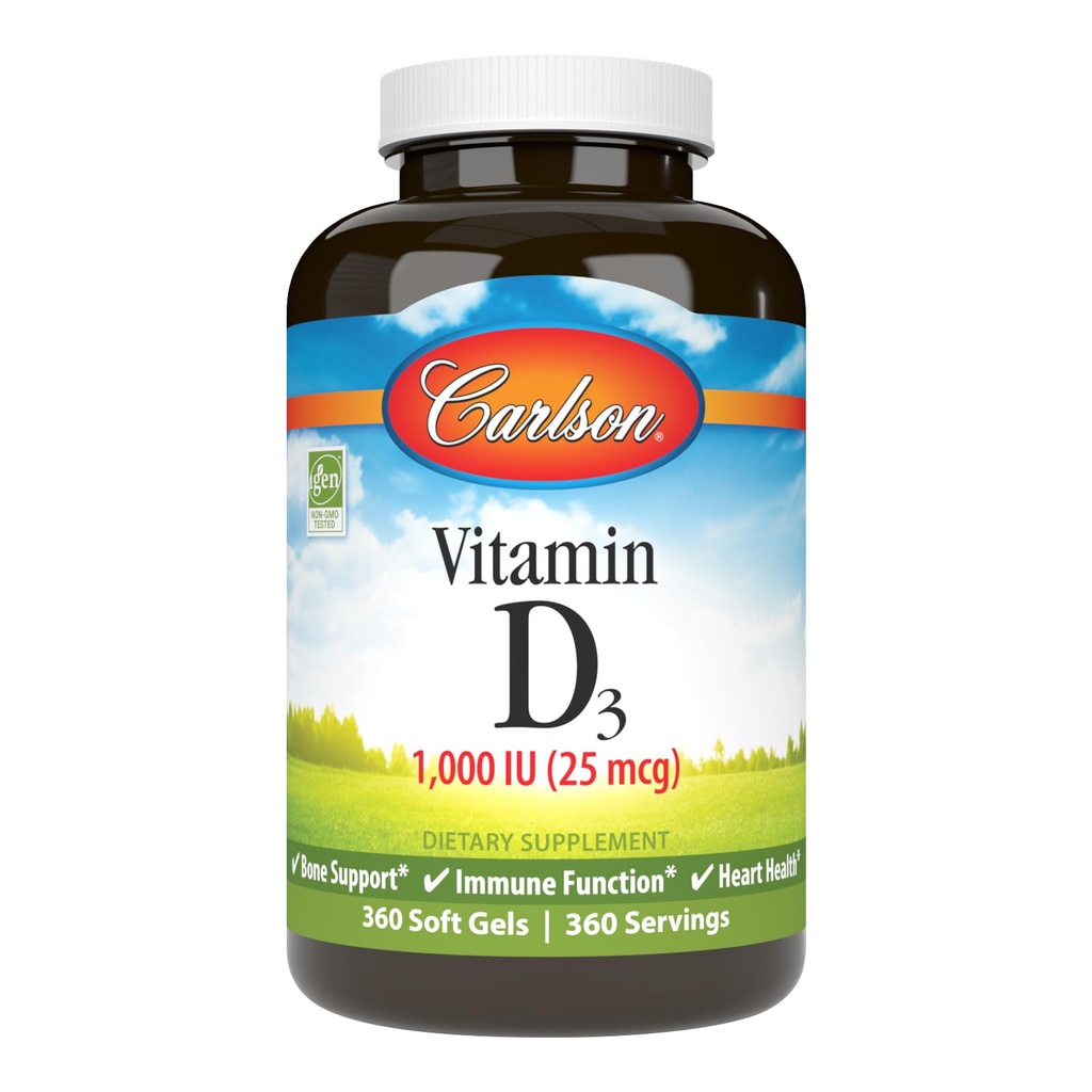 Carlson - Vitamin D3, 1000 IU (25 mcg), Bone Health, Muscle Health, Cholecalciferol, D Supplements, D3 Soft Gels, 360 Softgels