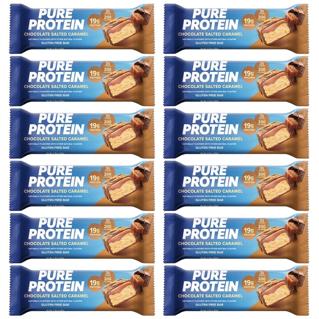 Pure Protein Bars, Yüksek Protein, Nutritious Snacks to Support Energy 1.75 oz Low Sugar, Gluten Free 12 Count Salted Chocolate Caramel