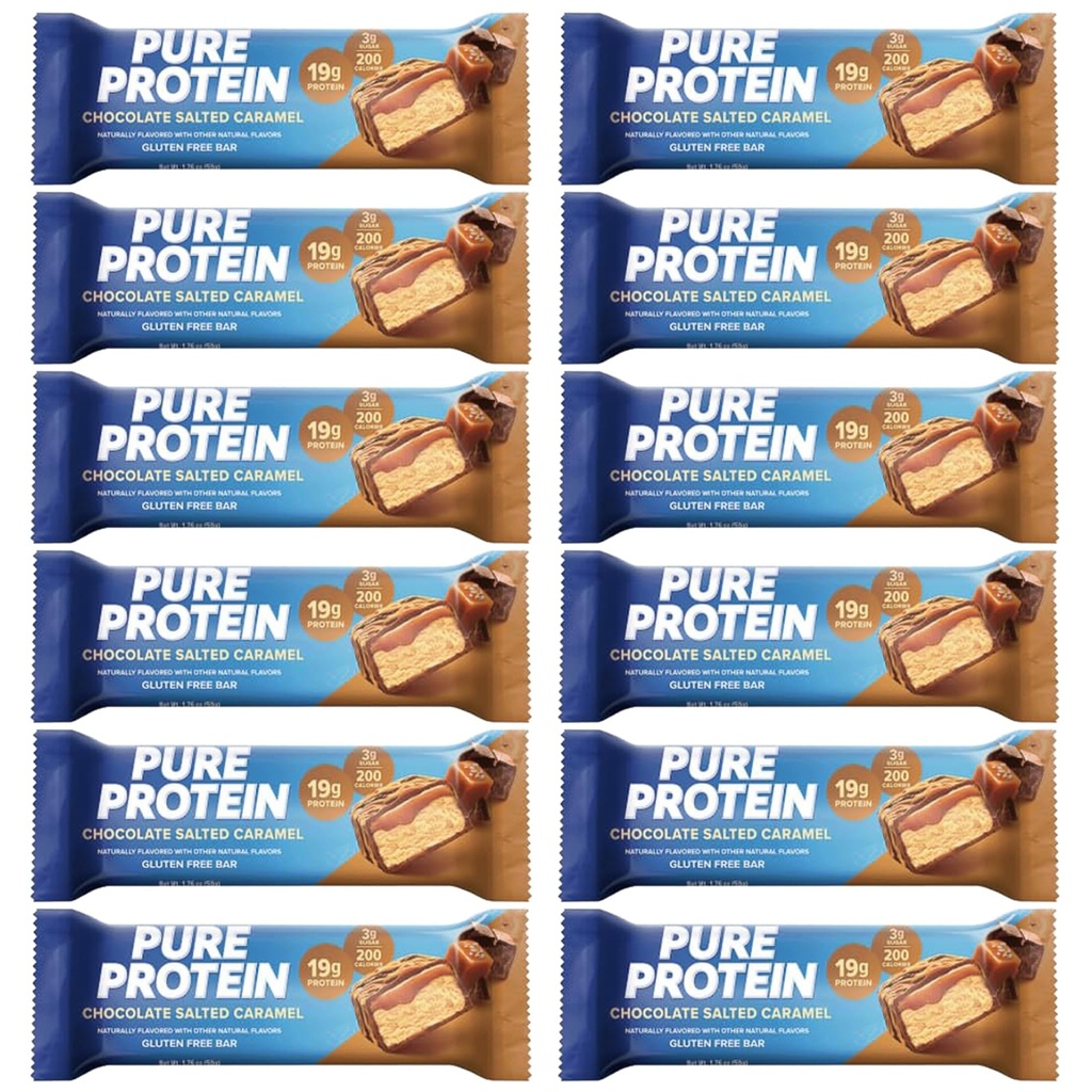 Pure Protein Bars, Yüksek Protein, Nutritious Snacks to Support Energy 1.75 oz Low Sugar, Gluten Free 12 Count Salted Chocolate Caramel