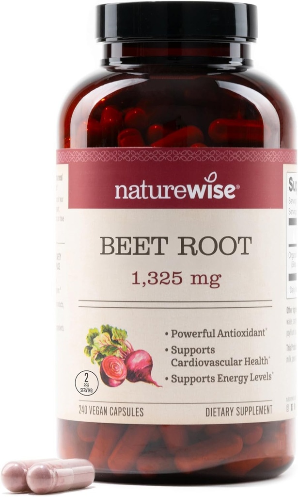 NatureWise Beet Root Capsules 1325 mg with Organic Beetroot - Nitrik Oksit Gculation and Heart Health Support - Vegan, Gluten-Free, Non-GMO - 240 Capsules[120 Day Supply]