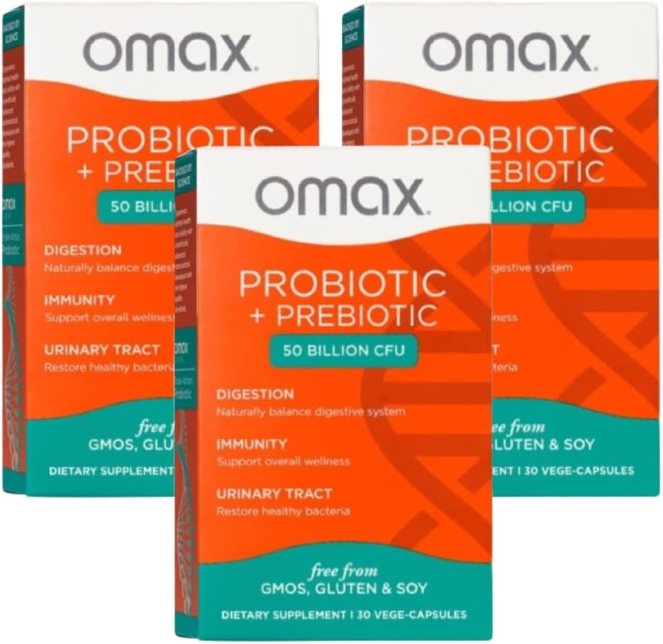 Omax3 Prebiyotik & Probiyotik 50 Milyar CFU + Chicory Inulin, 10 Strain, Bloating, Digestion, SIBO, Leaky Gut, Vaginal pH, Acidofilius, Vegan, Dairy Free, Gluten Free, Fırd (2 Pack)