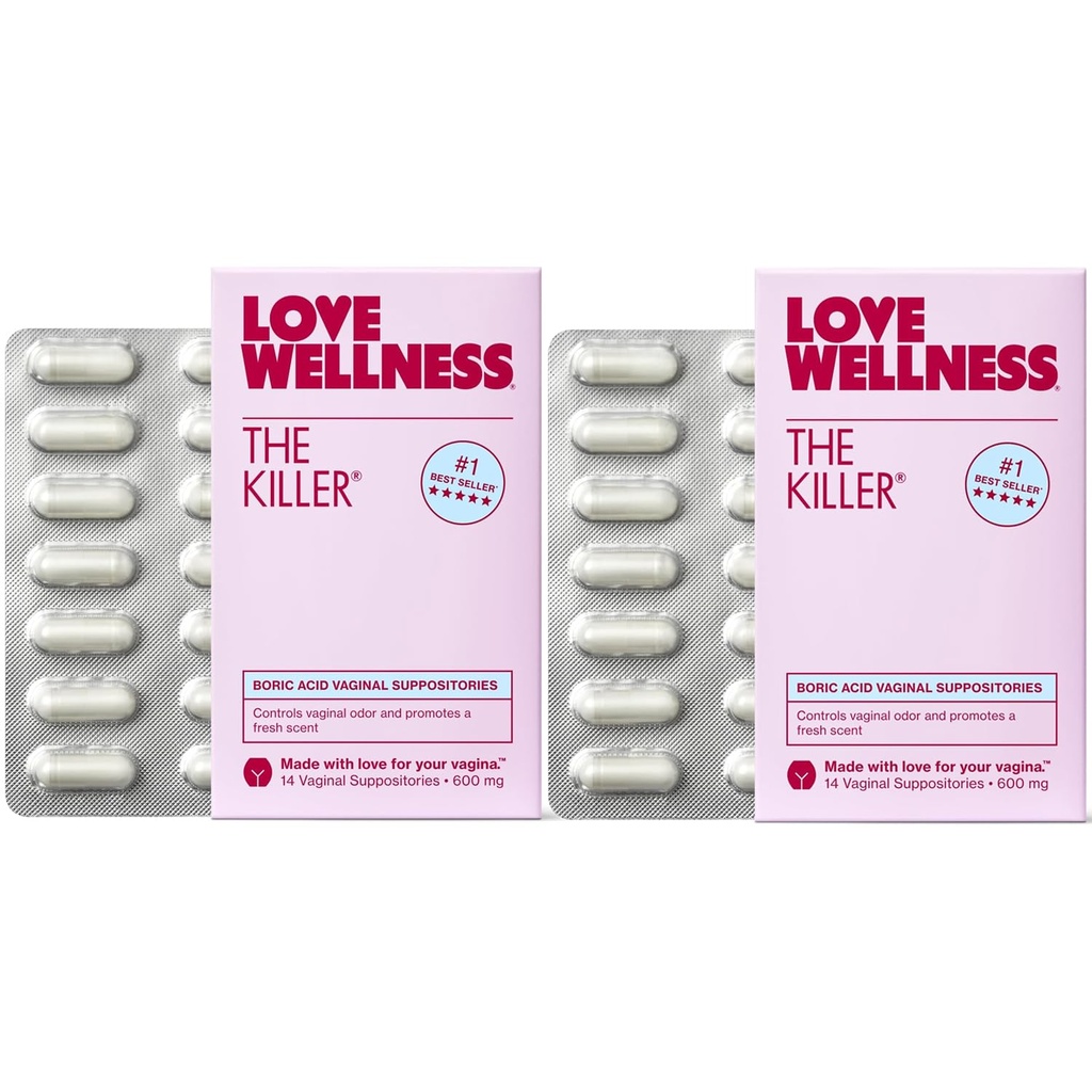 Love Wellness The Killer | Boric Acid Vaginal Suppositories | Dengeler pH & Destekler Odor Control, Sağlıklı Bir Vaginal Denge ve Çevre | Hızlı Teklif & Fragrance-Free | Gentle & effective | 28 Ct