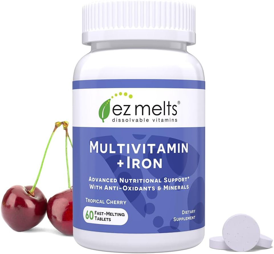 EZ Melts Kadınlar ve Erkekler için Demir ile Hassas Çokvitamin, Sugar-Free, 1-Month Supply - 1 Pack
