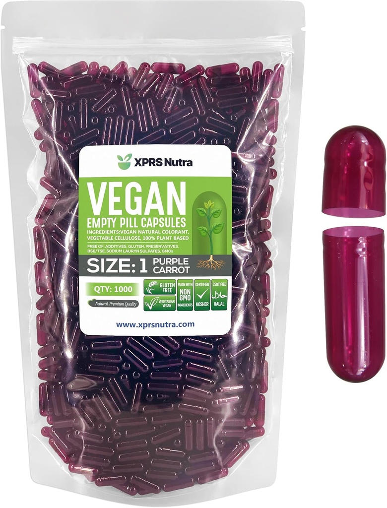 XPRS Nutra Size 1 Empty Capsules - 1000 Count Empty Vegan Capsules - Vegetarian Pills- DIY Vegetable Capsule Filling- Veggie Pill Caps for Do-It-Yourself Supplements (Purple Carrot)
