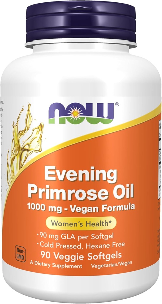 NOW Συμπληρώματα Τροφίμων, Evening Primrose Oil 1000 mg, Cold Pressed, Hexane Free, Vegan Formula, 90 Veg Softgels