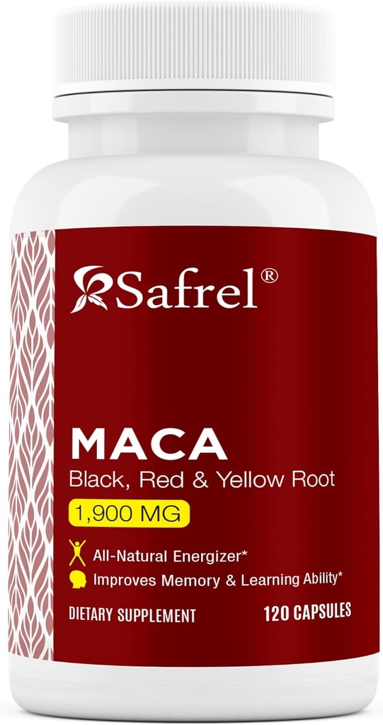 Safrel Organic Maca Root Black, Red, Sarı 1900 MG her hizmet için - 120 Vegan Capsules Peruvian Maca Root Gelatinized 100% Pure Non-GMO Supports Reproductive Health Natural Energizer