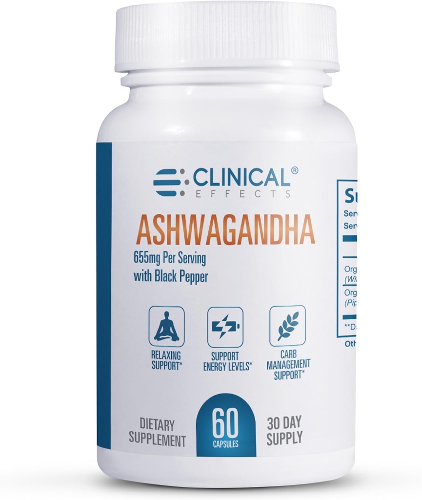 Κλινικές Επιδράσεις Ashwagandha με Μαύρο Πιπέρι για Stamina και Calm - 60 κάψουλες Ashwagandha - Made in The USA