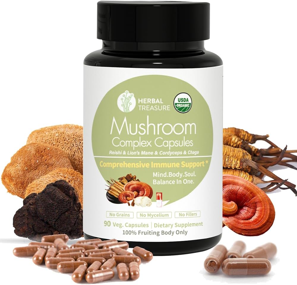 Herbal Hazinesi 1 Mushroom Kompleksi Tamam, Lion's Mane, Reishi, Chaga ve Cordyceps Mushroom Mix, Organik Mushroom Supplement 90 Caps