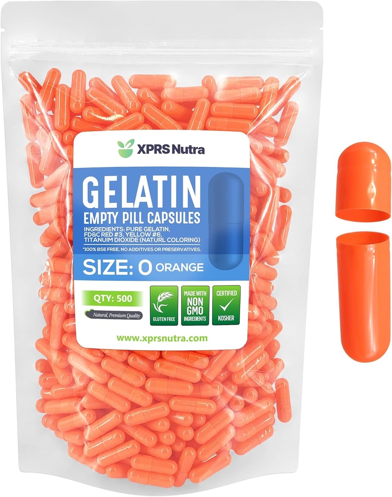 XPRS Nutra Size 0 Empty Capsules - 500 Count Empty Gelatin Capsules - Pills DIY Capsule Filling - Pure Bovine Pill Gel Caps for Do-It-Yourself Supplements (Orange)