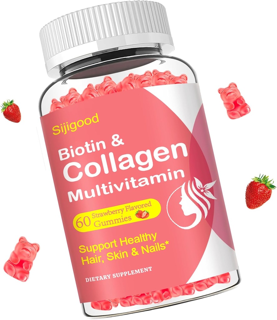 Women Men, Women Over 50, Collagen, Protein Tip I,II,III,V,X with Biotin Keratin Vitamin C A D E B12 K2 for Skin Hair Nails Immunity Energy 60 Strawberry Flavored Gummies