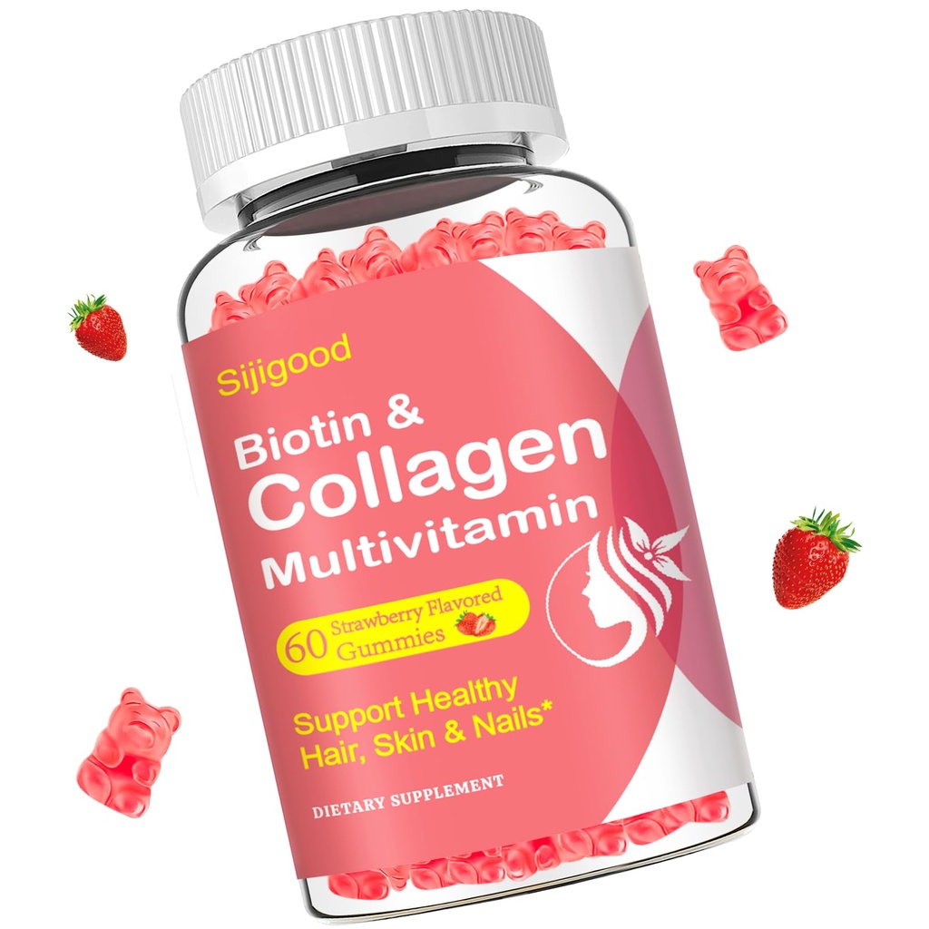 Women Men, Women Over 50, Collagen, Protein Tip I,II,III,V,X with Biotin Keratin Vitamin C A D E B12 K2 for Skin Hair Nails Immunity Energy 60 Strawberry Flavored Gummies