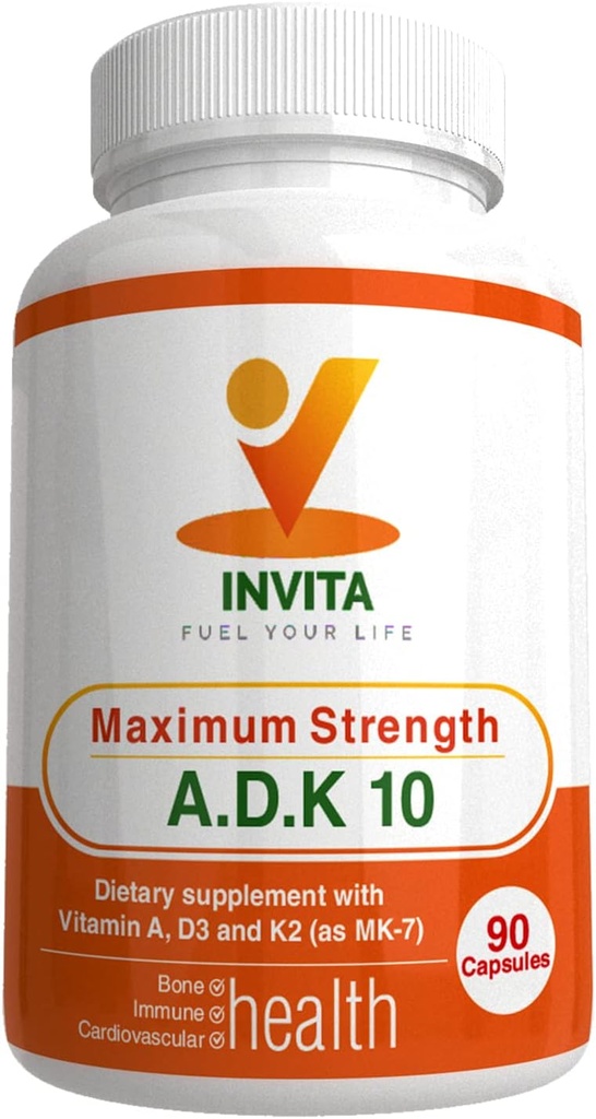 INVITA, ADK συμπλήρωμα βιταμίνης (10.000 IU) – ADK 10 διπλής αντοχής βιταμίνη Α1, D3 & K2-MK7 – Φυσικός που διαμορφώνεται για την υποστήριξη των οστών, της καρδιάς και του ανοσοποιητικού – Μη-ΓΤΟ, Χωρίς γλουτένη, 90 κάψουλες (3 Μήνας)