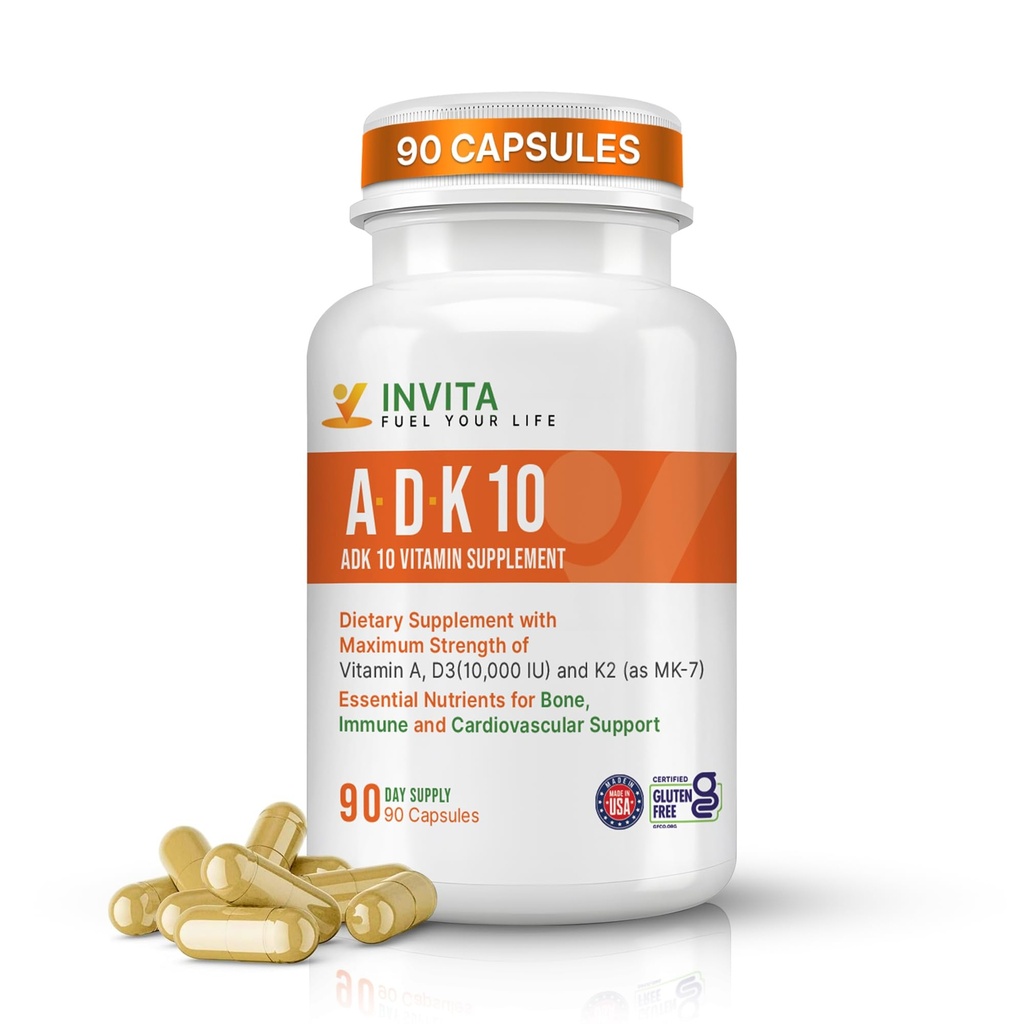 INVITA, ADK Vitamin Supplement (10.000 IU) – ADK 10 Çift Güç Vitamini A1, D3 & K2-MK7 – Doktor Bone, Heart & Immune Support – Non-GMO, Gluten Free, 90 Capsules (3-Month Supply)