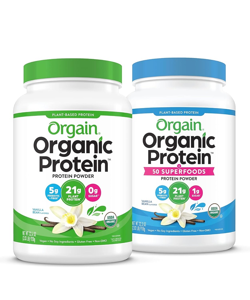 Orgain Organic Vegan & Organic Protein + Superfoods Σκόνες, Vanilla Bean Flavors - Πρωτεΐνη με βάση το φυτό, Χωρίς γλουτένη