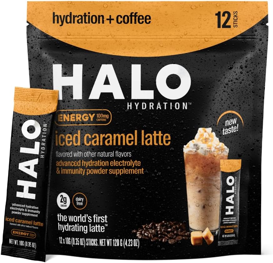 HALO Buzlu Arabaamel Latte - Enerji İçilir Toz - Elektrolitlerle Hydration için Sağlıklı Kahve Mix, Caffeine, Vitaminler ve Mineraller - 20 Calories - Keto ve Low Calorie - 1 x 12 Sticks